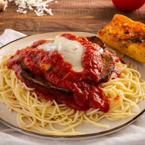 Eggplant Parmigiana on a Bed of Pasta a La Tootsie.