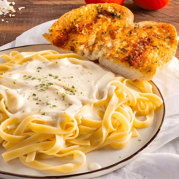 Creamy fettuccine alfredo pasta topped with parsley, served with two slices of garlic bread.