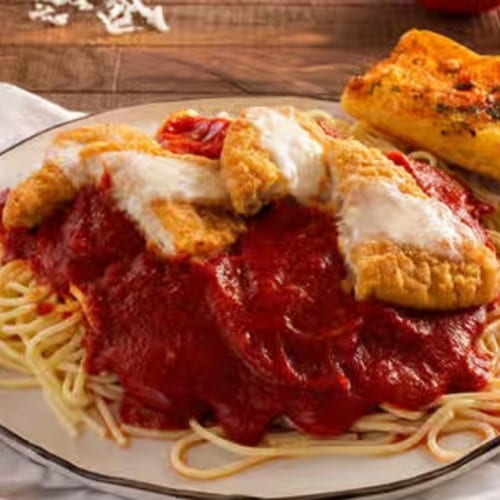 Chicken or Eggplant Parmigiana Pasta.