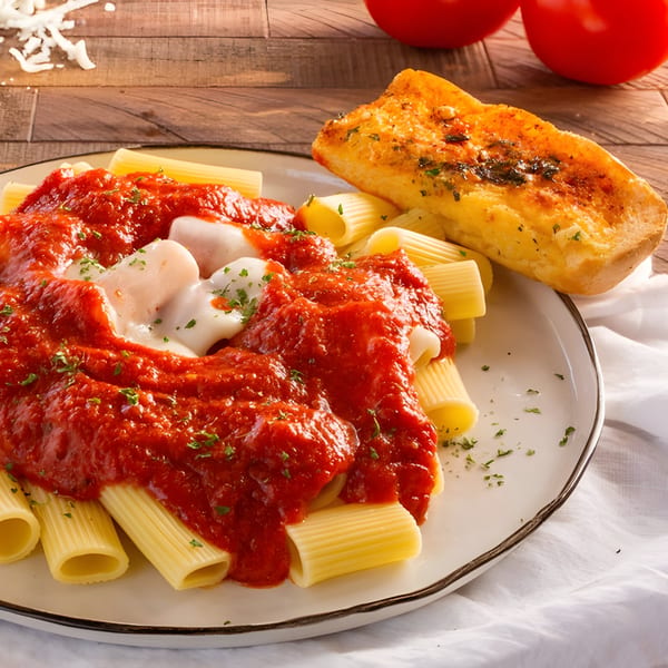 Rigatoni pasta with red marinara sauce, melted cheese, and a side of garlic bread.