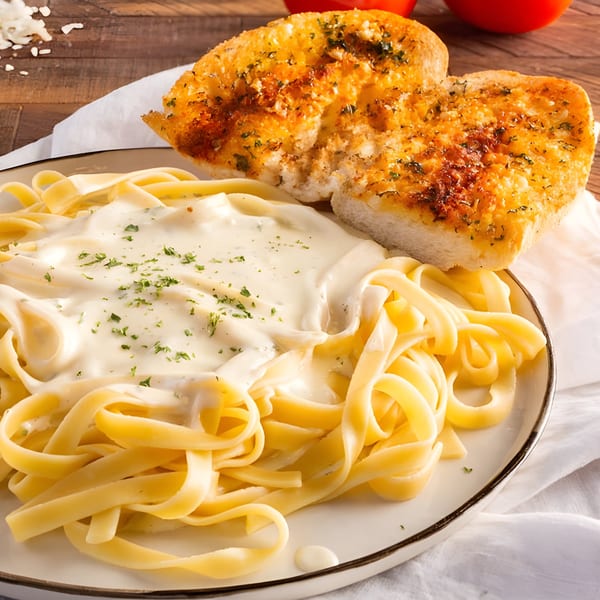 Creamy fettuccine alfredo pasta with parsley, served with two slices of garlic bread on a white plate.