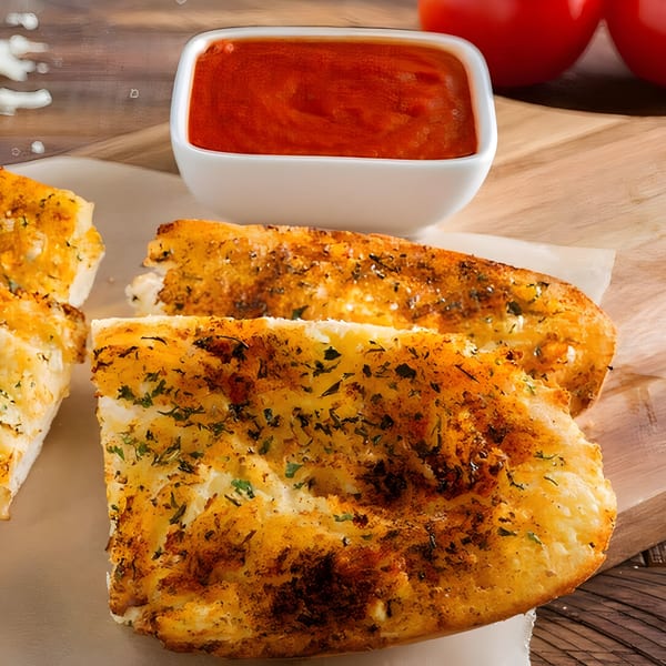 Golden-brown garlic breadsticks with herbs and a side of red marinara sauce on a wooden board.