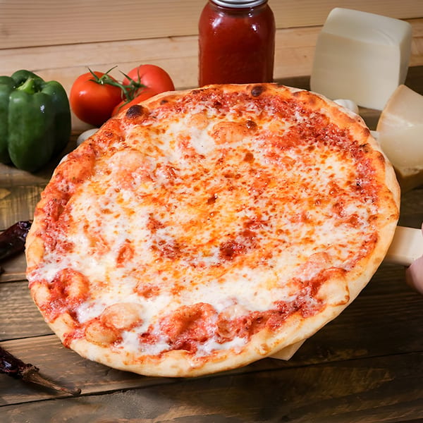Ameci Pizza & Pasta's cheese pizza with fresh tomatoes, bell peppers, and sauce on a wooden table.