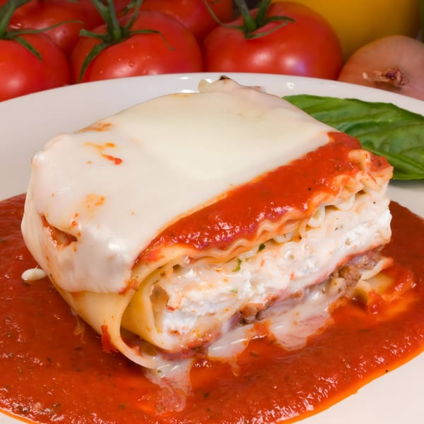 Ameci Pizza & Pasta's lasagna with rich red sauce, melted cheese, and fresh tomatoes in the background.