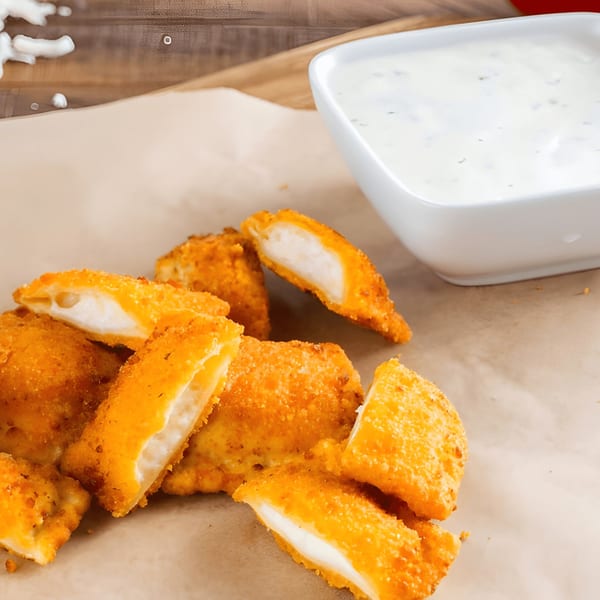Golden-brown fried mozzarella sticks, some broken open to show the white cheese, next to a bowl of ranch.