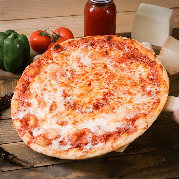 Ameci Pizza & Pasta's cheese pizza with fresh tomatoes, green peppers, and tomato sauce on a wooden table.